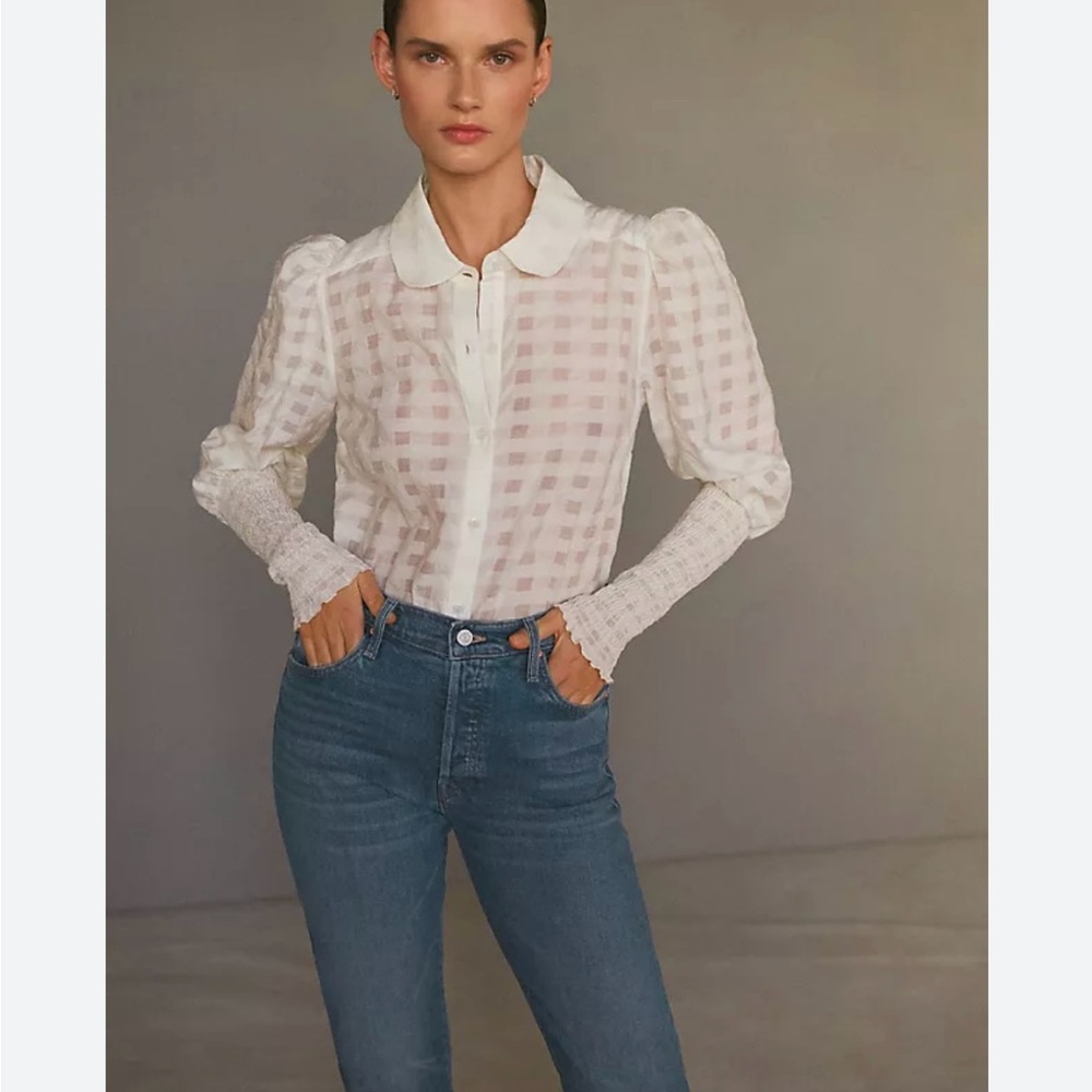 Maeve Short-Sleeve
Collared Smocked-Waist Blouse Sz XS Anthropologie Ivory